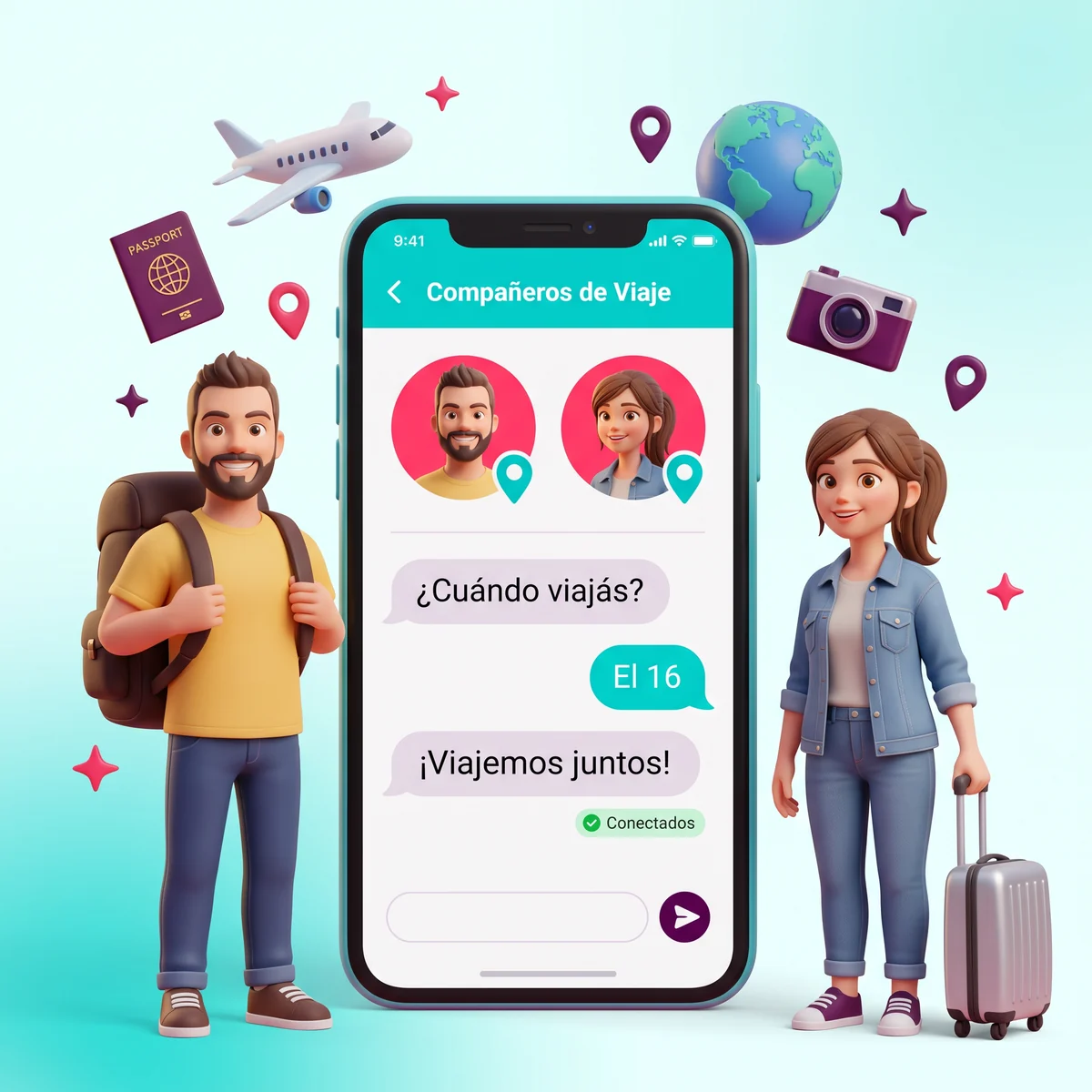 App de comunidad de YoMeAnimo!: dos viajeros conectando por el chat Compañeros de Viaje