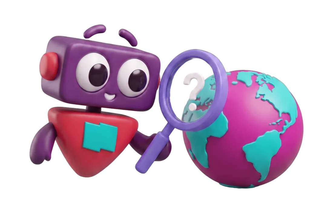 Yomi, el robot de YoMeAnimo!, buscando destino con una lupa sobre el mundo