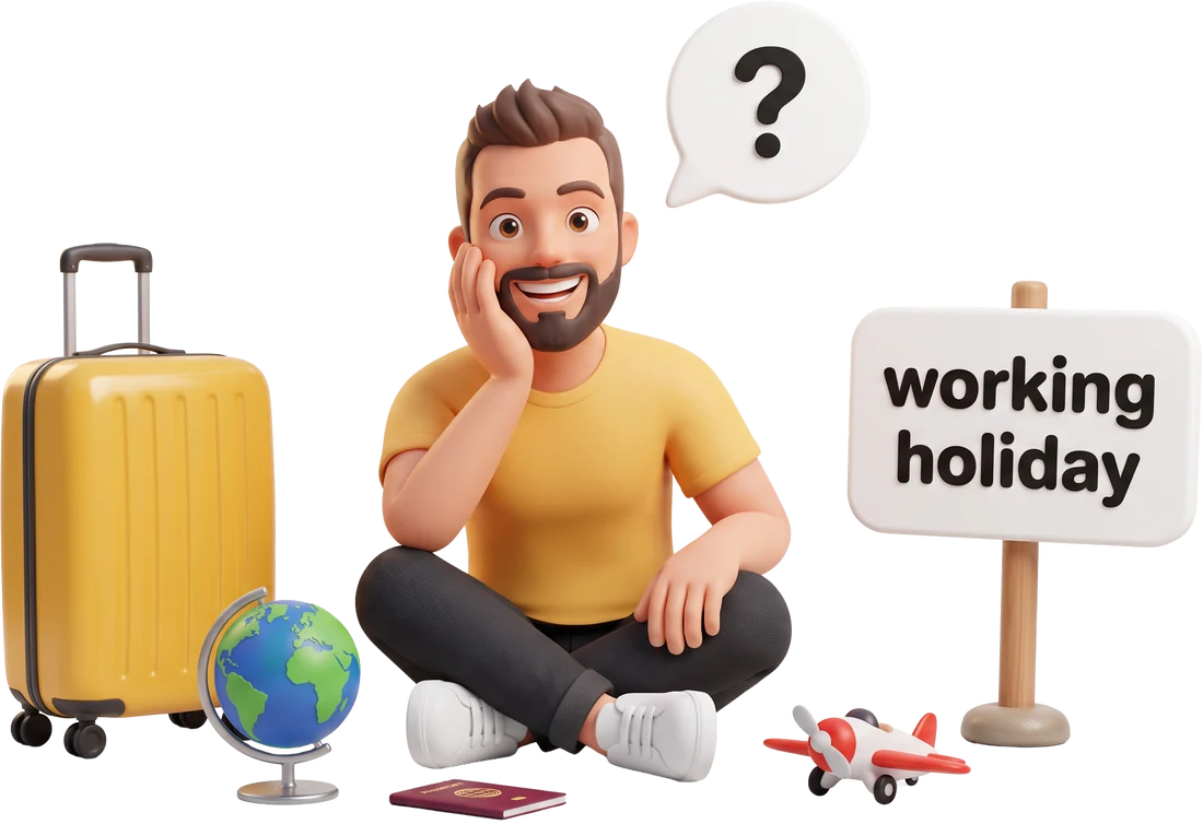 Ilustración 3D: un chico sentado y pensativo con un globo de diálogo con un signo de pregunta, junto a una valija, un globo terráqueo, un pasaporte, un avión de juguete y un cartel que dice «working holiday»