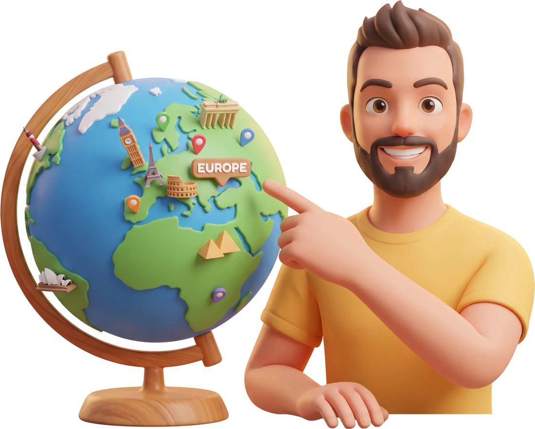 Un chico señalando Europa en un globo terráqueo con hitos de varios destinos Working Holiday