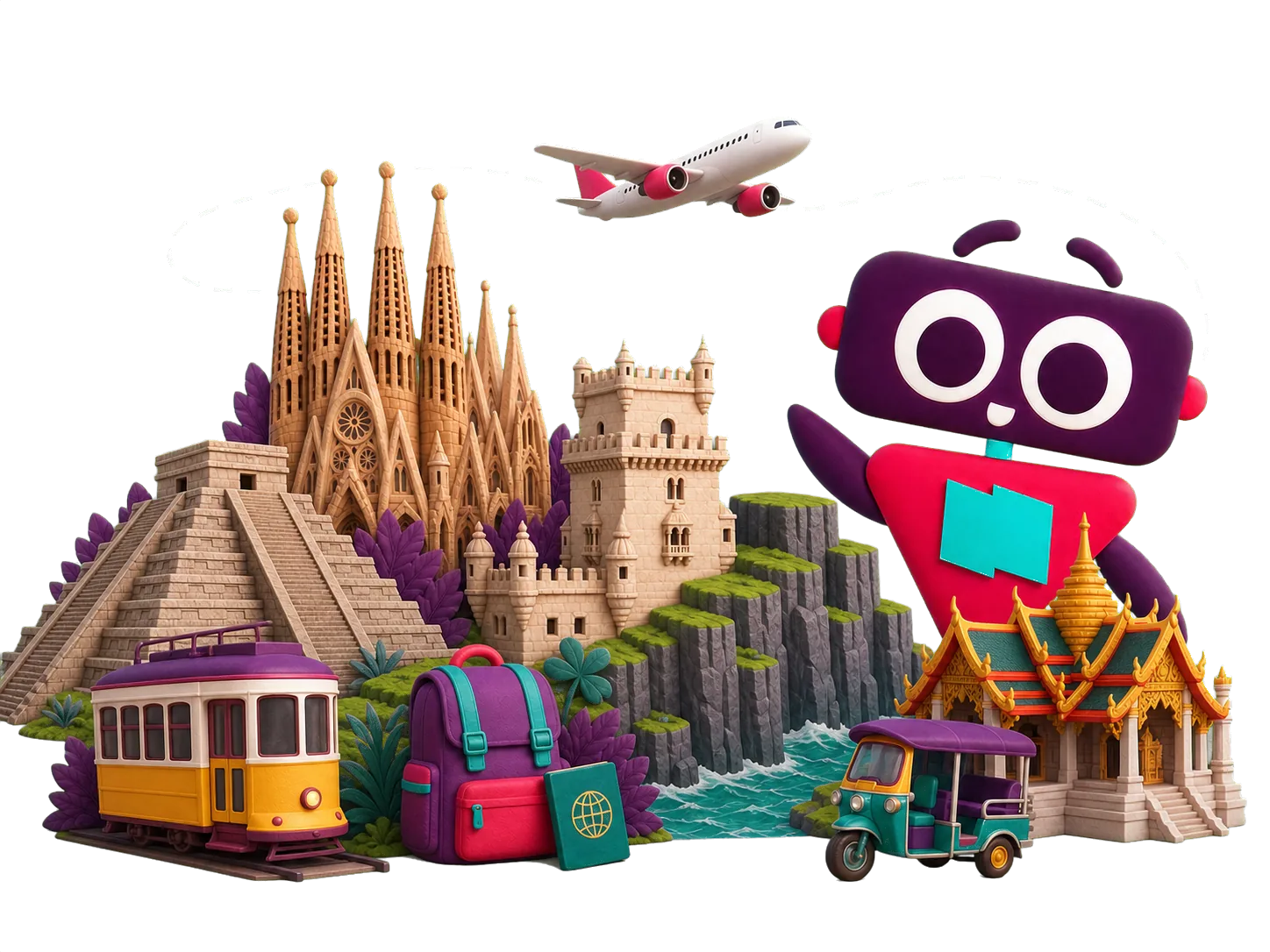 Yomi saludando entre hitos del mundo, con un avión sobrevolando