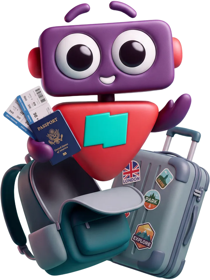Yomi, la mascota de YoMeAnimo!, con una valija, una mochila y un pasaporte con pasajes