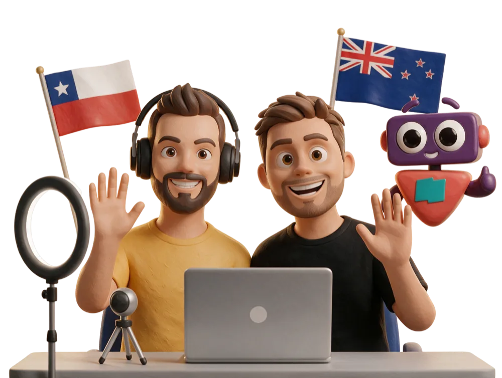 Berna, Tomás y Yomi, del equipo de YoMeAnimo!, transmitiendo en vivo con las banderas de Chile y Nueva Zelanda