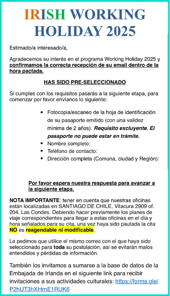 correo de pre selección WH Irlanda